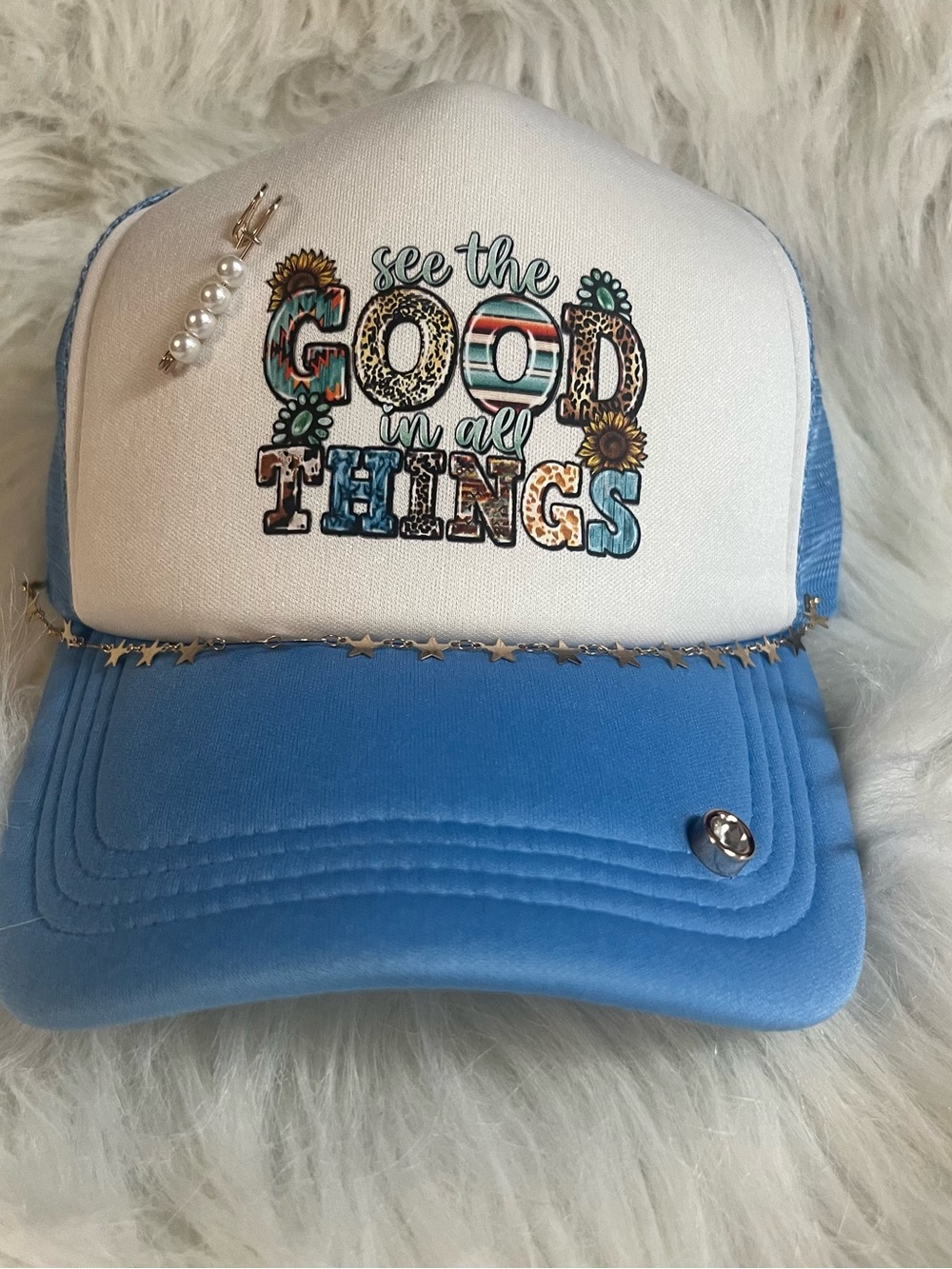 DIY Trucker Hat Blur White Mesh SnapBack Adjustable Women Gold Star Chain & Pins